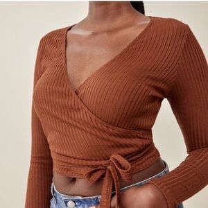 Brown Ribbed Wrap Top
